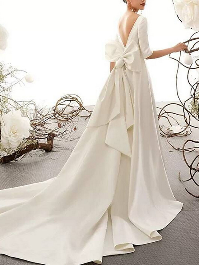 A-line Bateau Neck Half-Sleeves Court Train Lace Wedding Gown With Lace 2