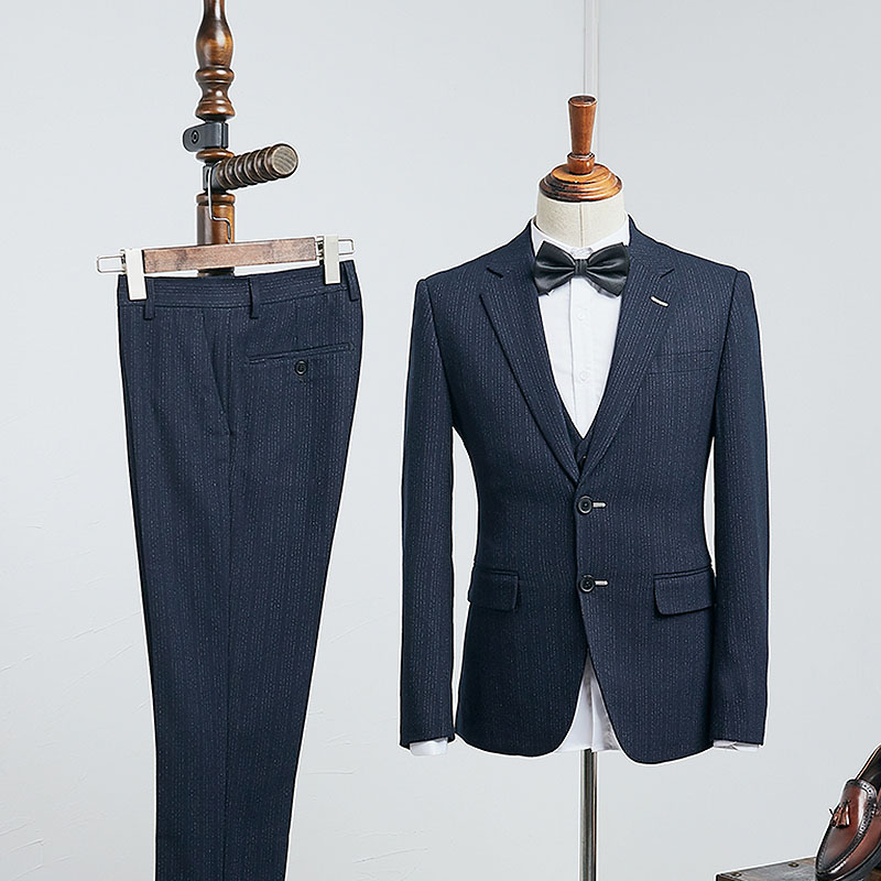 Navy Blue Striped 3 Pieces Custom Business Suit 2