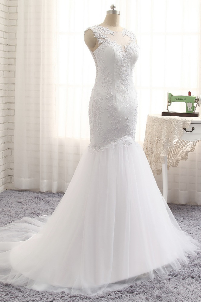 Mermaid Jewel Neck Sleeveless Floor-length Stretch Satin Wedding Dress With Lace 3