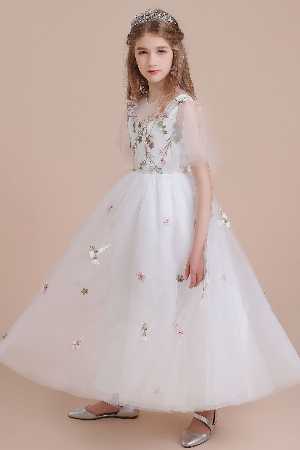 A-line V-neck Jewel Neck Short Sleeves Ankle-length Tulle Flower Girl Dress With Embroidery 6