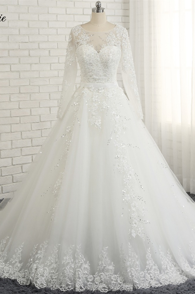 A-line Jewel Neck Long Sleeves Floor-length Tulle Wedding Dress With Sequins 3