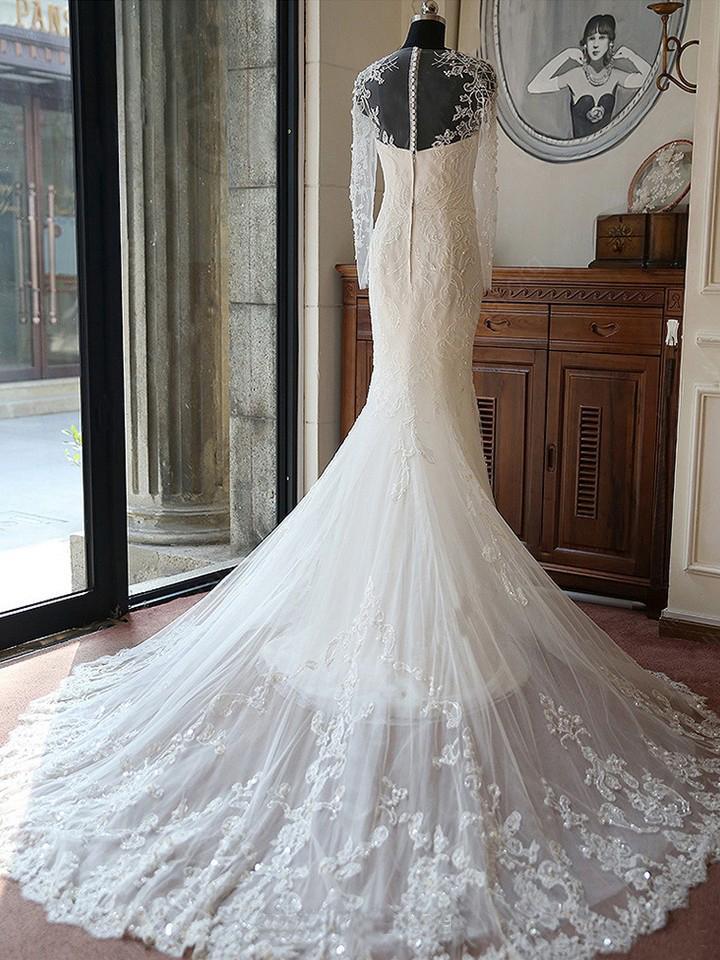 Mermaid Jewel Neck Long Sleeves Floor-length Tulle Bridal Dress With Lace 2