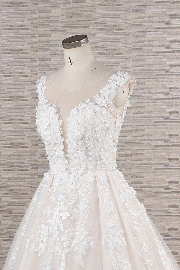 A-line Jewel Neck Sleeveless Chapel Train Tulle Bridal Gown With Appliques 5