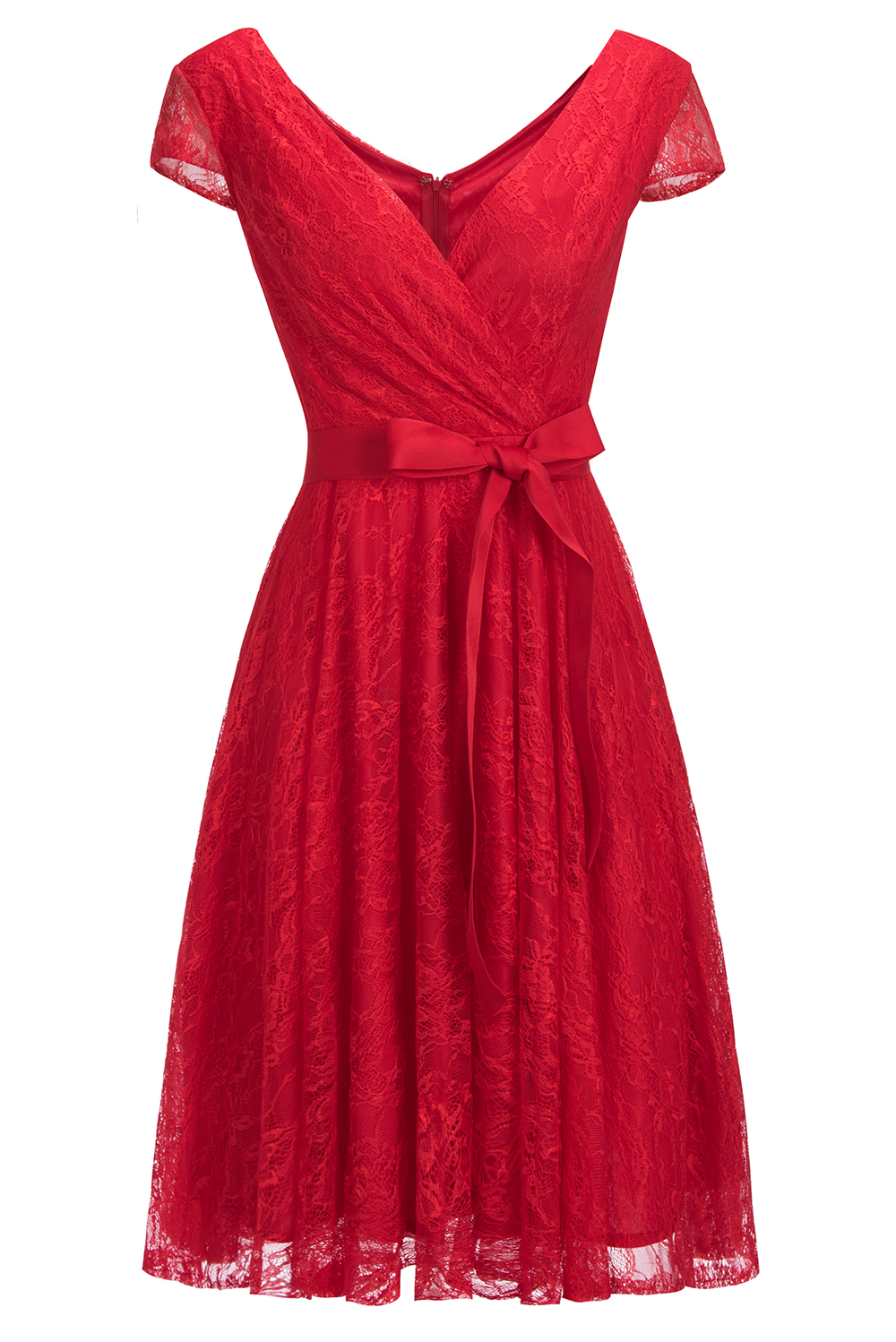 A-line V-neck Short Sleeves Knee-length Lace Bridesmaid Dress With Ribbons 5