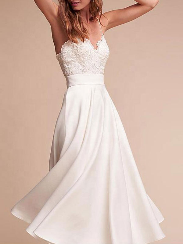 A-line Straps V-neck Sleeveless Mini Lace Bridal Dress With Lace 3