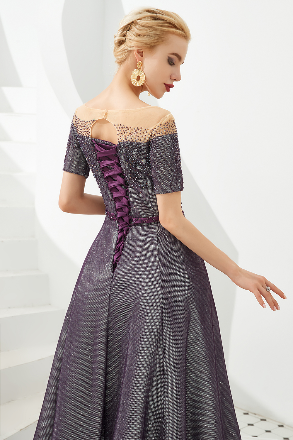 A-line Jewel Neck Short Sleeves Sweep / Brush Train Bright silk Evening Gown With Rhinestone 10