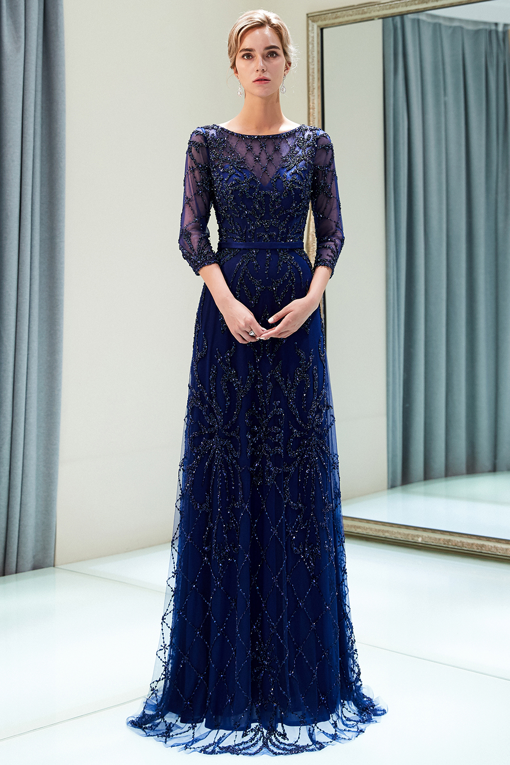 A-line Scoop Neck 3/4-Length Sleeves Sweep / Brush Train Tulle Evening Dress With Crystal 4