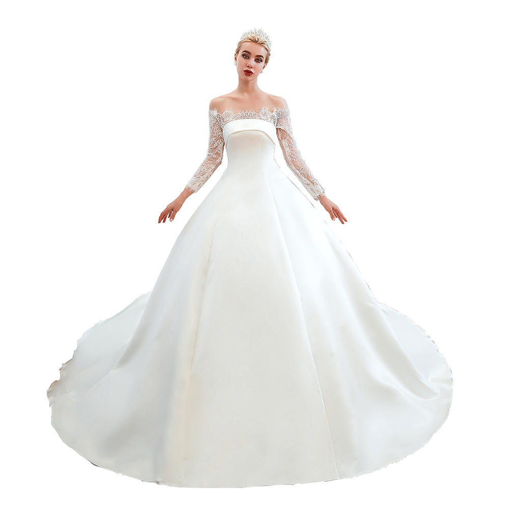 Bateau Neck Long Sleeves Cathedral Train Satin Wedding Gown With Lace 22
