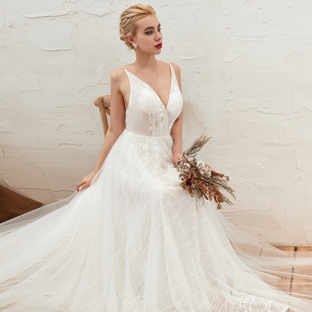 A-line Plunging Neckline Sleeveless Chapel Train Tulle Bridal Gown With Lace 12