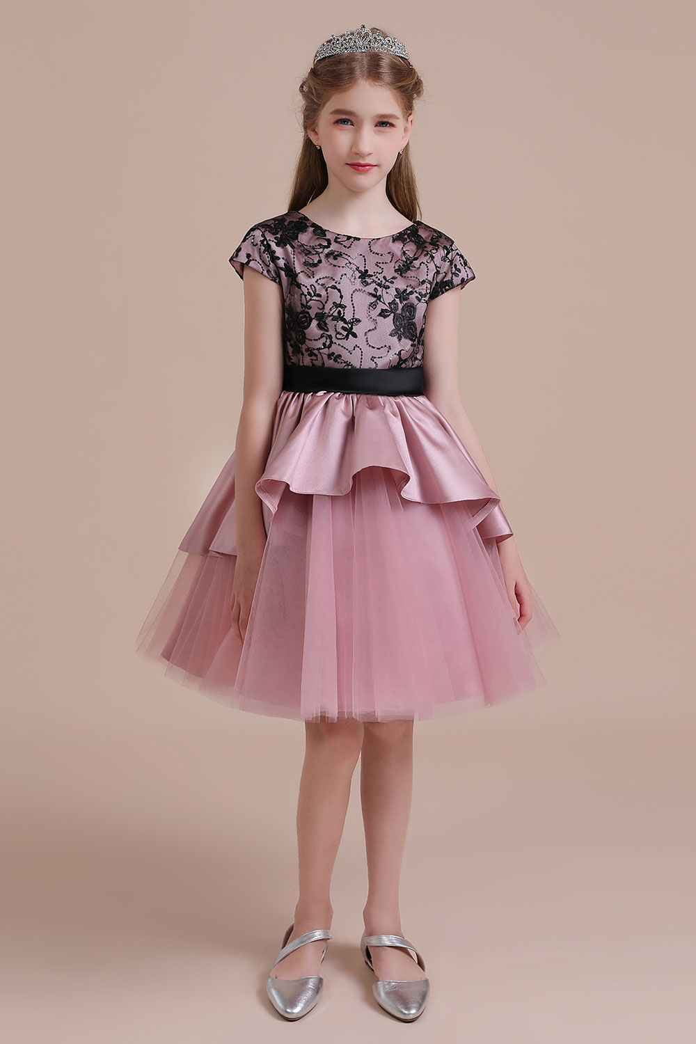 A-line Jewel Neck Short Sleeves Knee-length Satin Flower Girl Dress With Lace 3