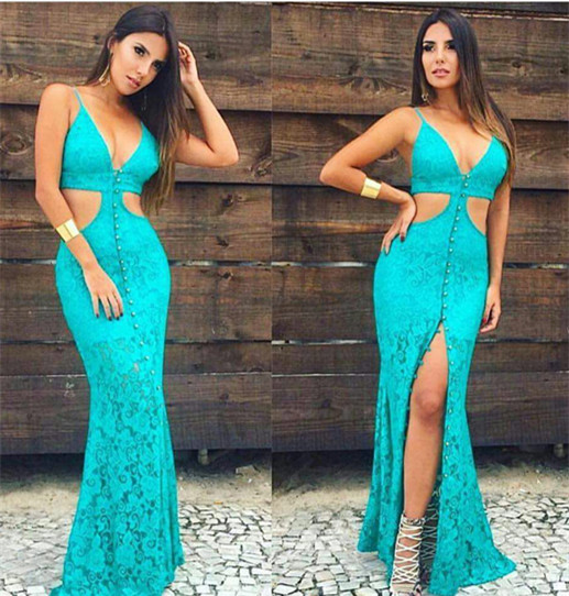 Mermaid V-neck Sleeveless Floor-length Evening Gown With Lace 1