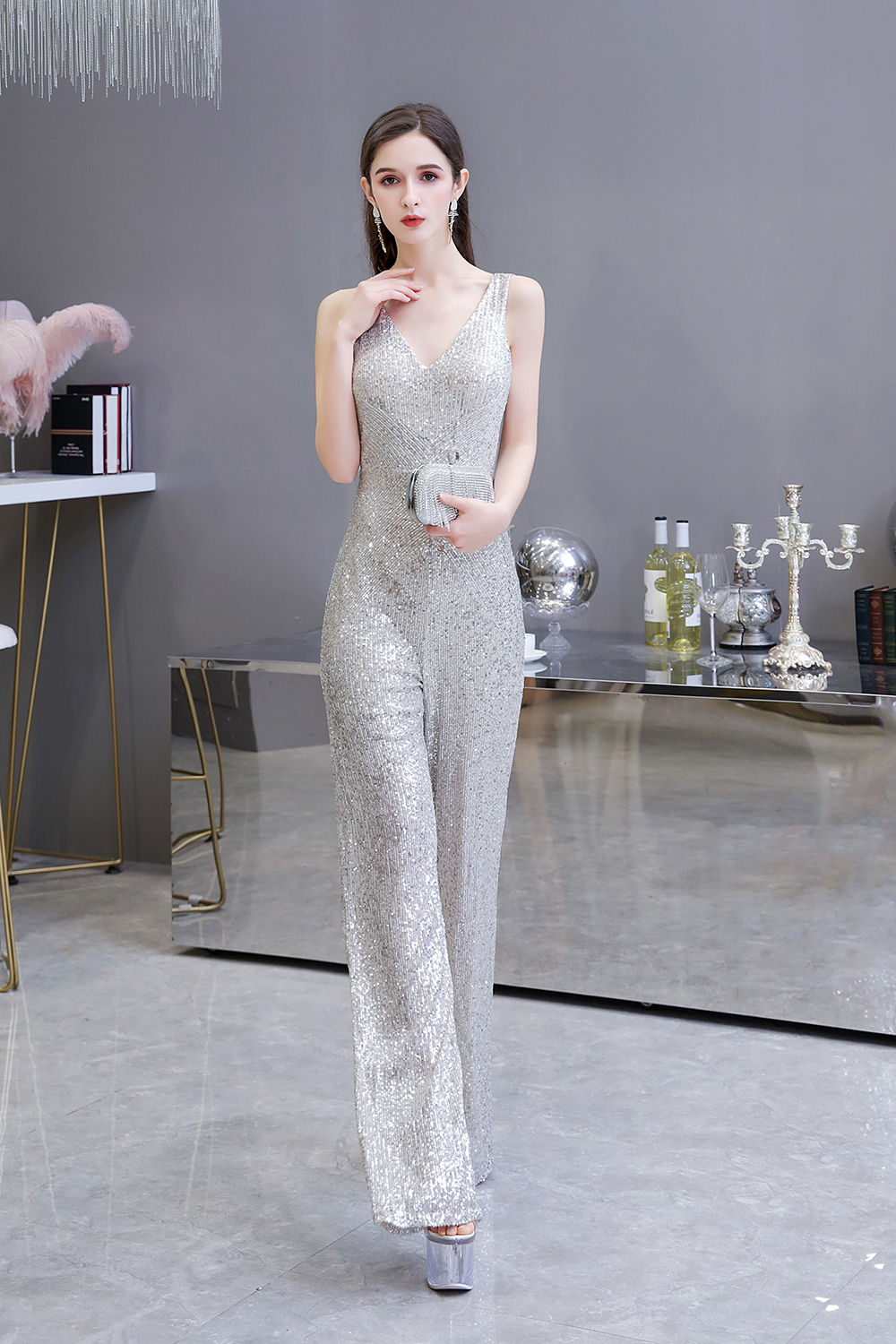Shining V-neck Silver Sequin Sleeveless Prom Jumpsuit 6