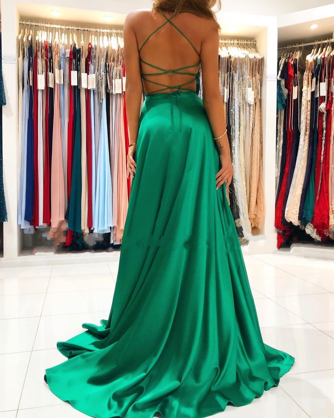 Column Spaghetti Straps Sleeveless Floor-length Stretch Satin Evening Gown 2