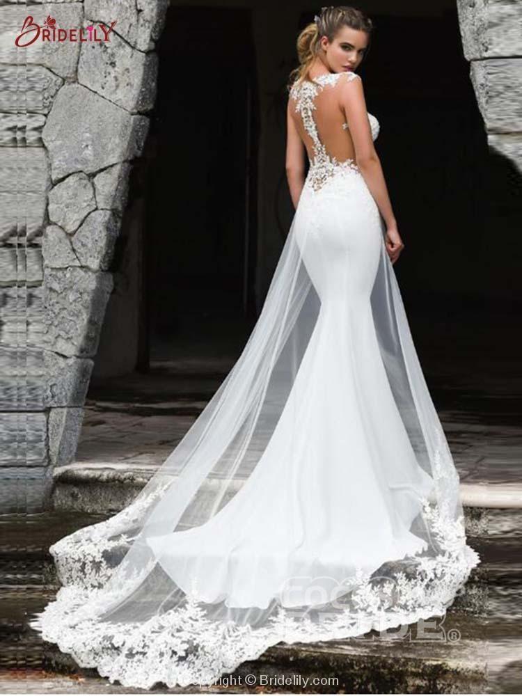 White Mermaid Wedding Dress with Sleeveless Design and Lace Appliques 2