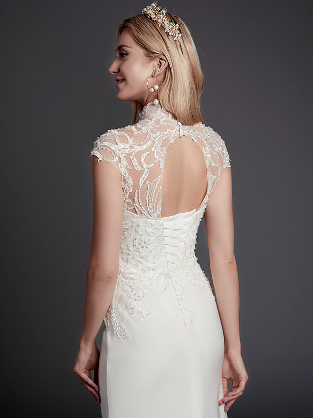 Mermaid Sleeveless Court Train Lace Bridal Gown With Beading 7