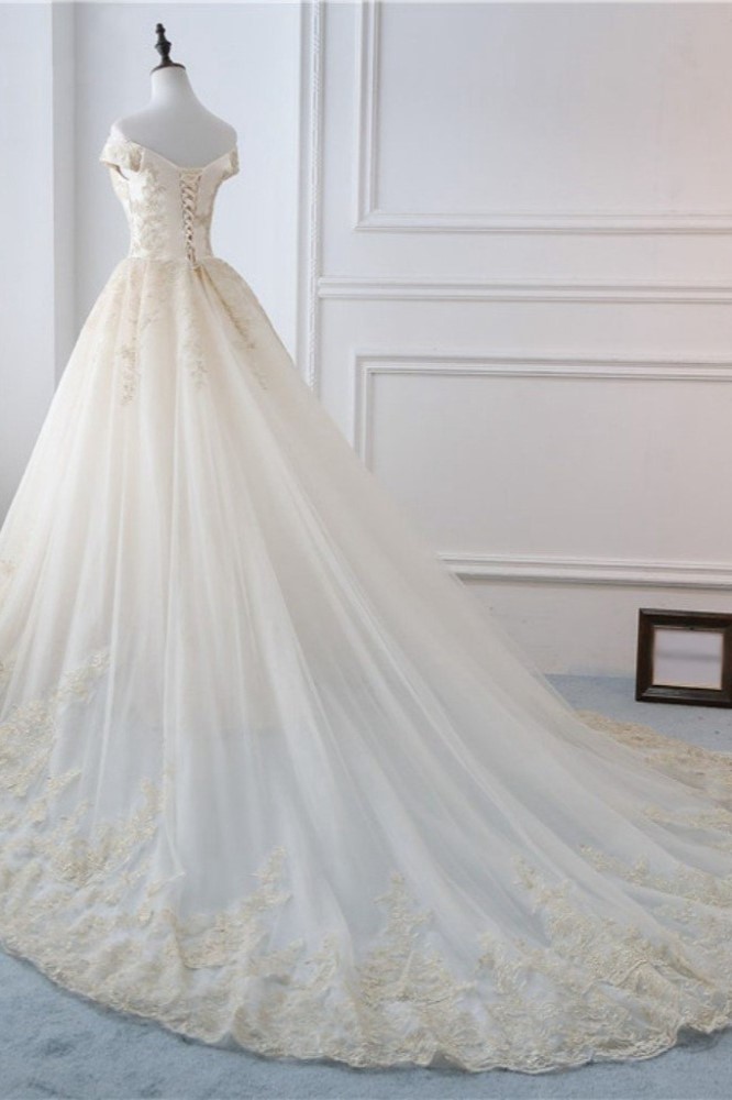 A-line Off-the-shoulder V-neck Sleeveless Floor-length Tulle Wedding Dress With Appliques 4