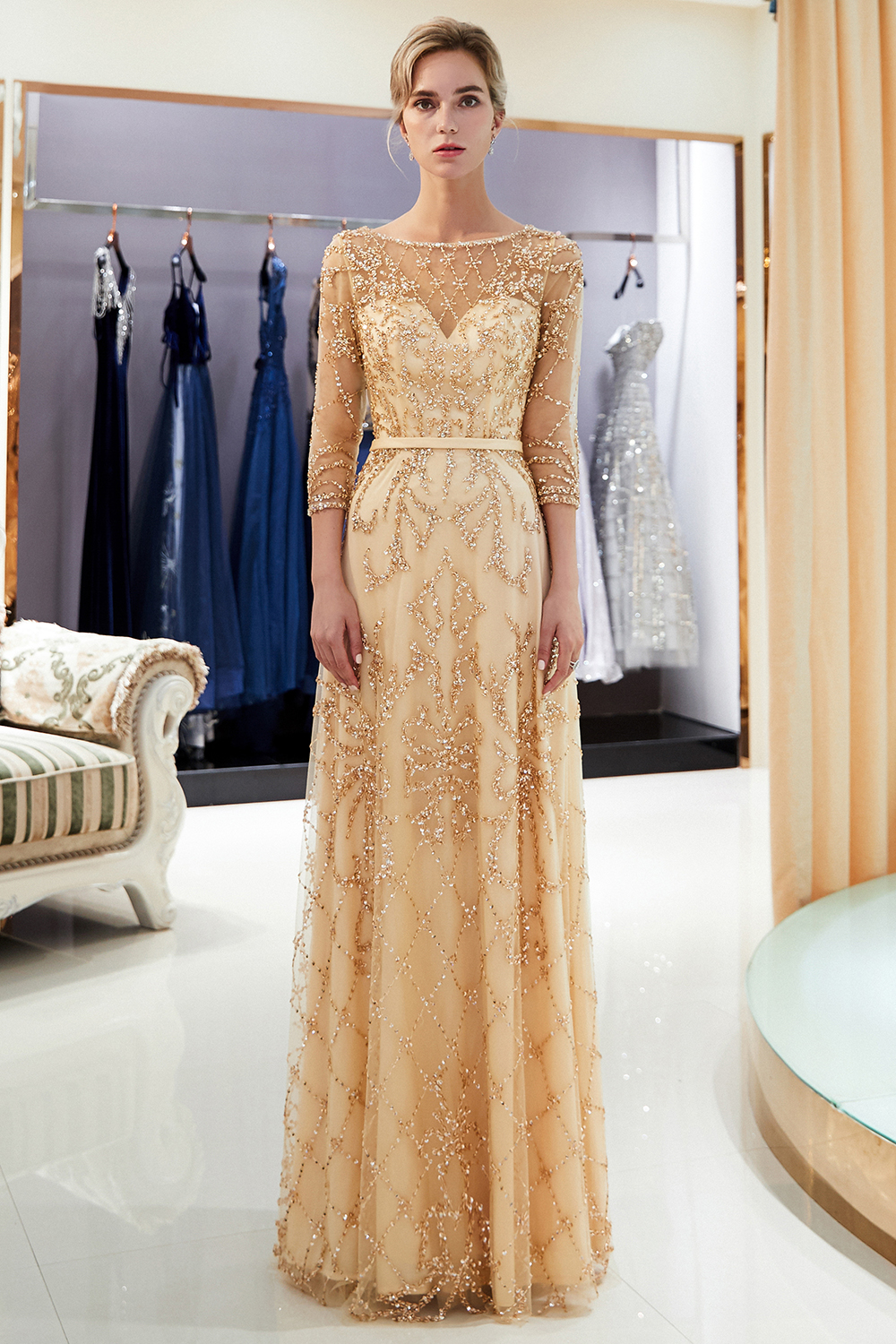 A-line Scoop Neck 3/4-Length Sleeves Sweep / Brush Train Tulle Evening Dress With Crystal 6