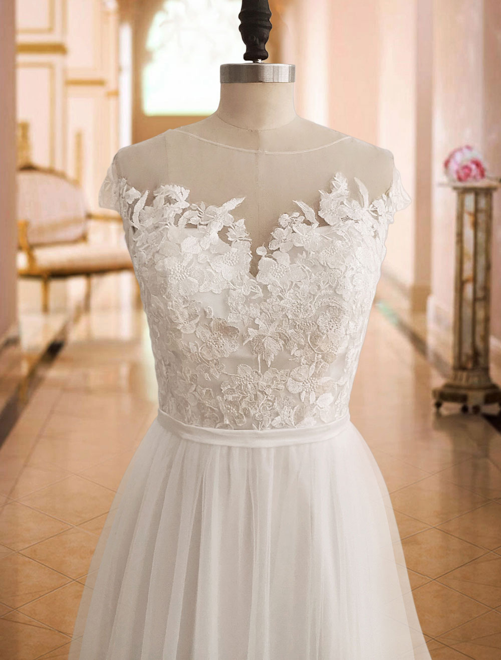A-line Off-the-shoulder Short Sleeves Court Train Lace Wedding Gown With Lace 5