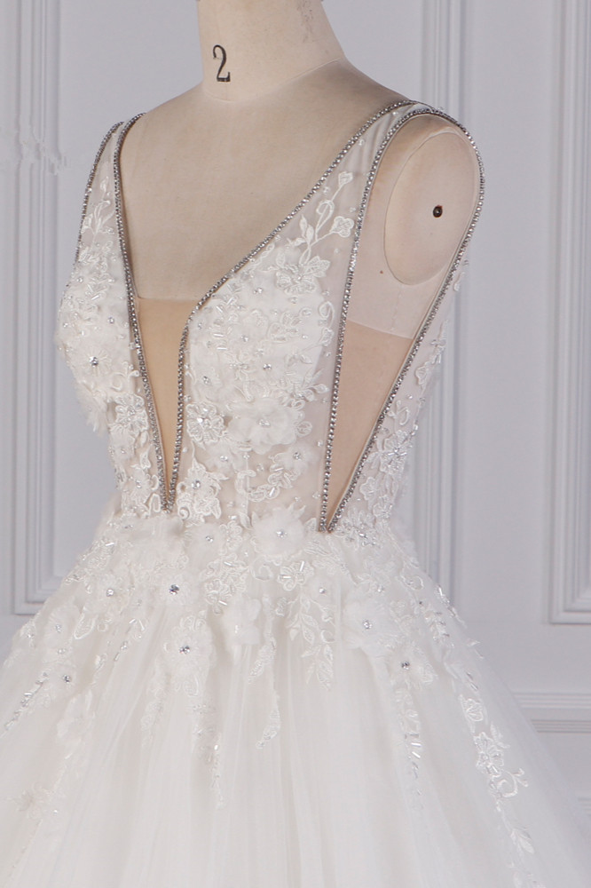 A-line Plunging Neckline Sleeveless Floor-length Tulle Wedding Dress With Lace 5