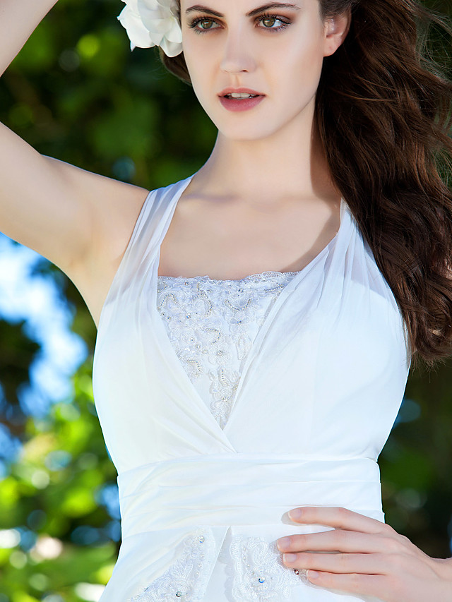 Column Straps Sleeveless 100D Chiffon Wedding Gown With Sweep / Brush Train 7