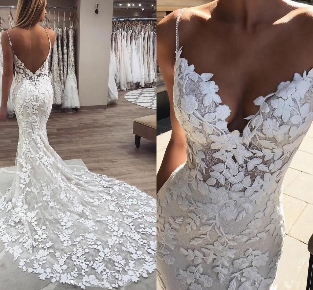 Mermaid Spaghetti Straps Sleeveless Sweep / Brush Train Lace Bridal Attire With Appliques 2