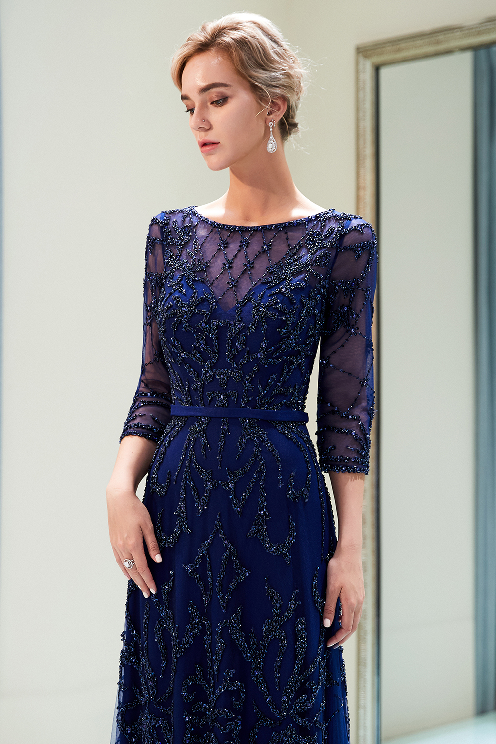 A-line Scoop Neck 3/4-Length Sleeves Sweep / Brush Train Tulle Evening Dress With Crystal 17