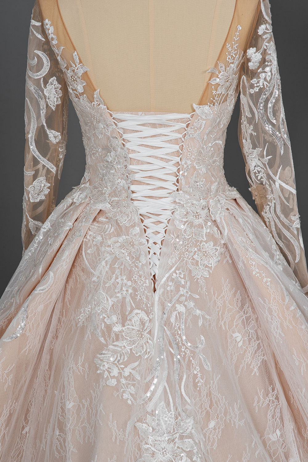 A-line Jewel Neck Long Sleeves Cathedral Train Tulle Wedding Gown With Lace 9