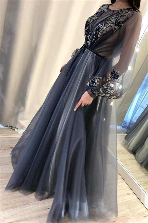 A-line Scoop Neck Floor-length Tulle Evening Dress With Appliques 3
