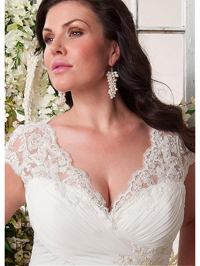 Mermaid V-neck Sleeveless Court Train 100D Chiffon Wedding Dress With Lace 3