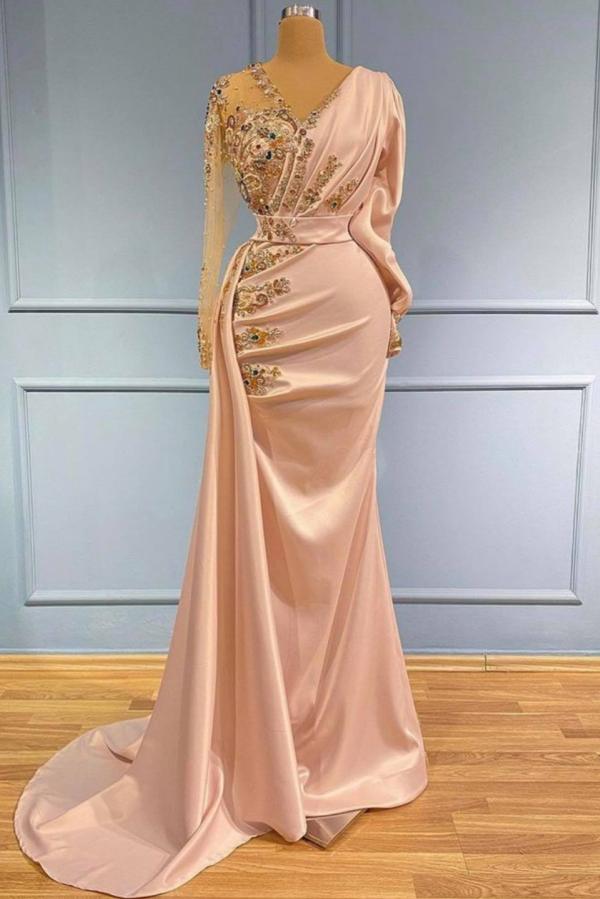 Mermaid V-neck Long Sleeves Floor-length Stretch Satin Formal Dress With Ruffles 1