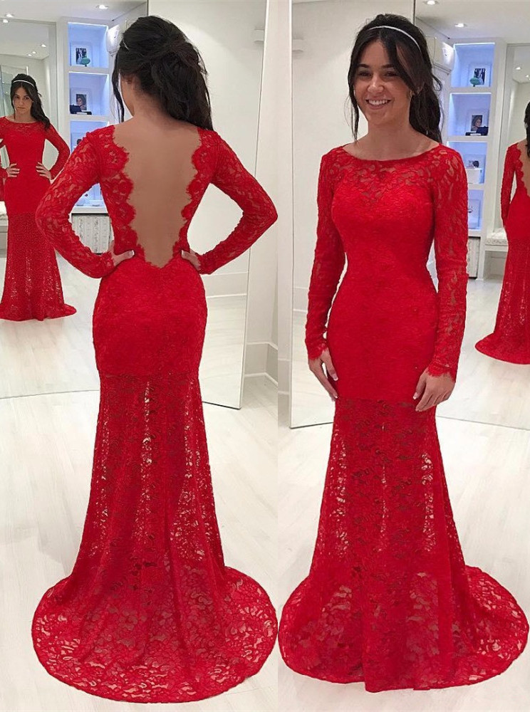Mermaid Scoop Neck Sweep / Brush Train Evening Gown With Lace 3