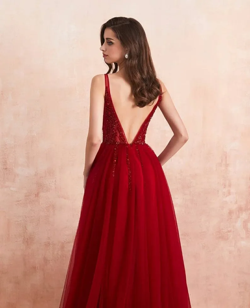 A-line V-neck Sleeveless Floor-length Tulle Evening Dress With Ruffles 5