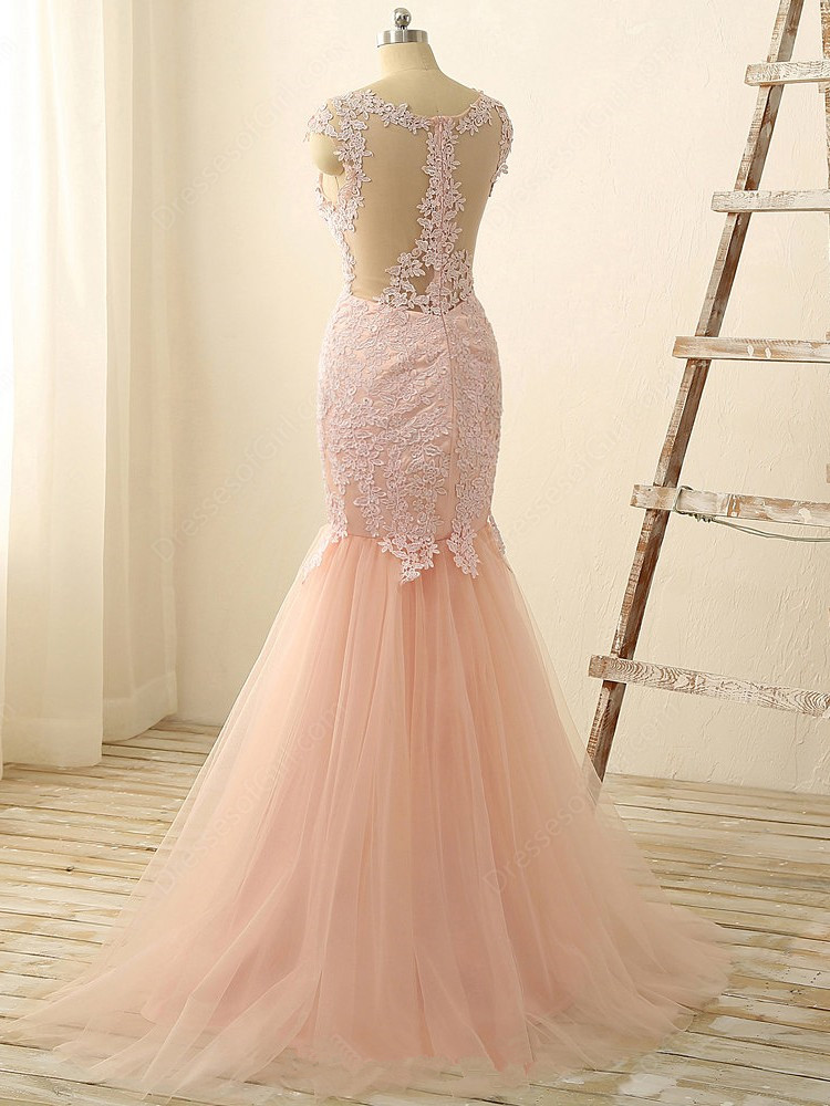Mermaid Sleeveless Sweep / Brush Train Tulle Formal Dress With Lace 2