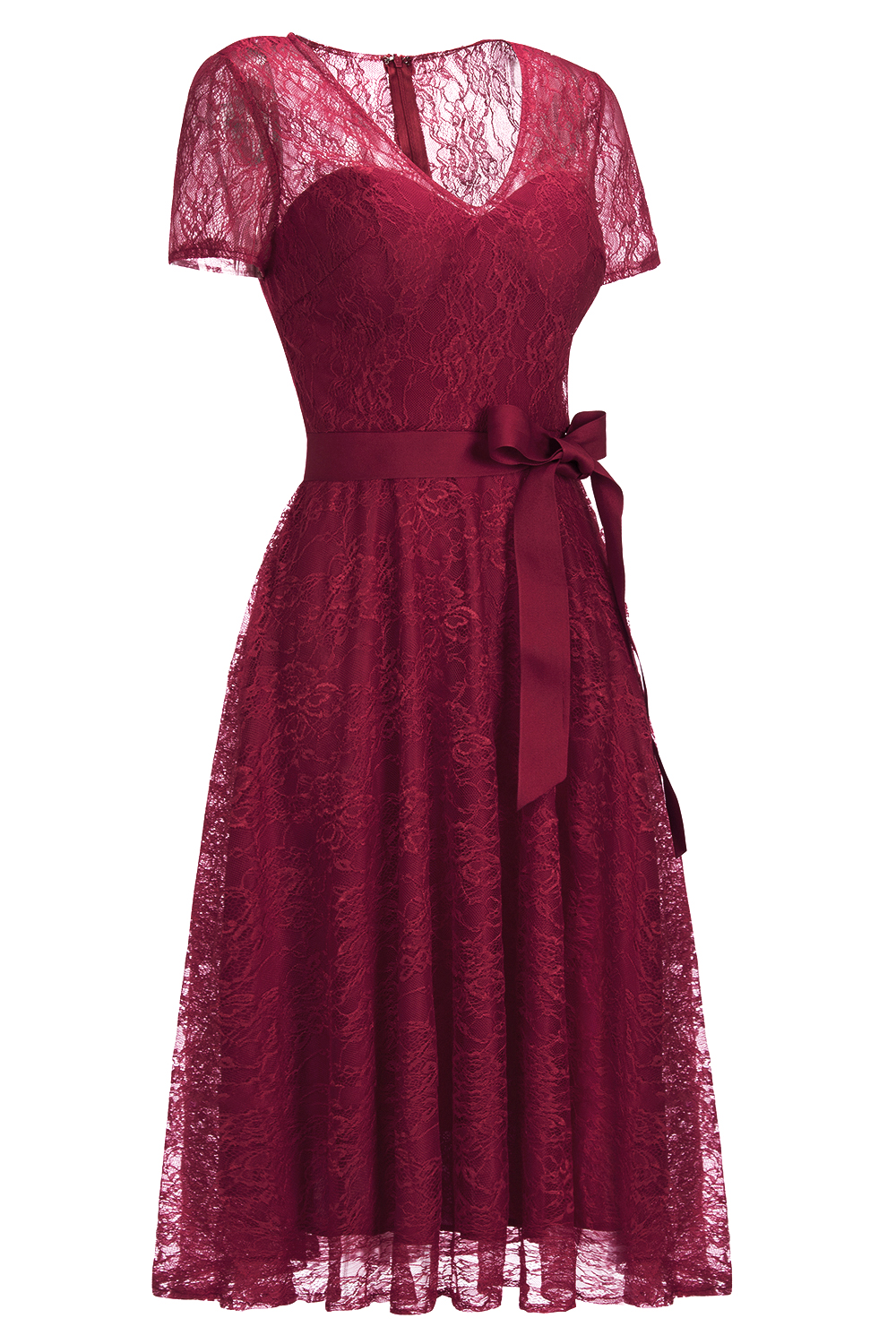 A-line V-neck Short Sleeves Mini Lace Bridesmaid Attire With Ribbons 14