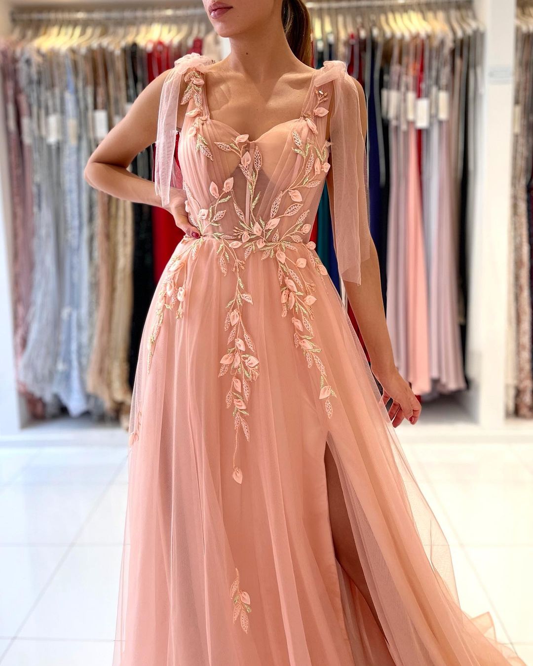 A-line Spaghetti Straps Sleeveless Floor-length Tulle Evening Dress With Lace 3