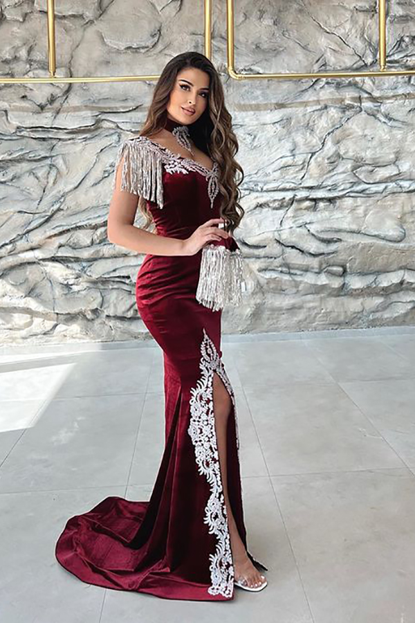 Straps Cap Sleeves Floor-length Spandex Evening Dress With Appliques 2