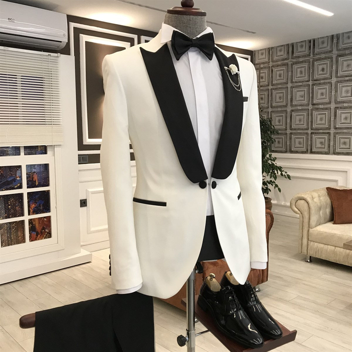 White Mixed Black Prom Suit with Peaked Lapel 2