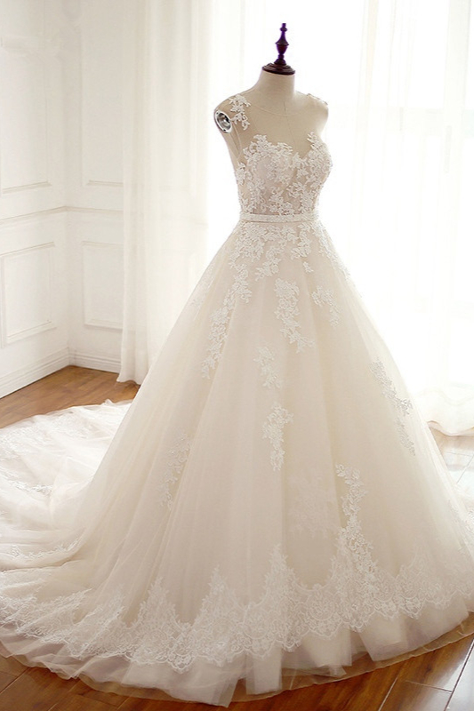 A-line Jewel Neck Sleeveless Floor-length Tulle Bridal Dress With Appliques 3