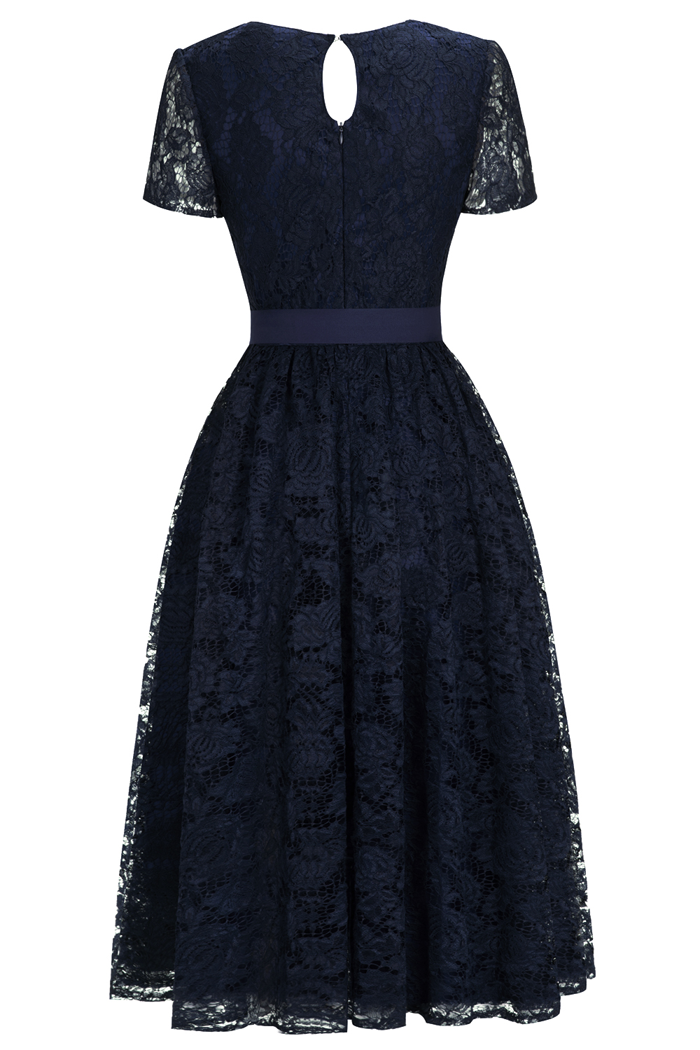 A-line V-neck Short Sleeves Tea-length Lace Bridesmaid Dress With Ribbons 8