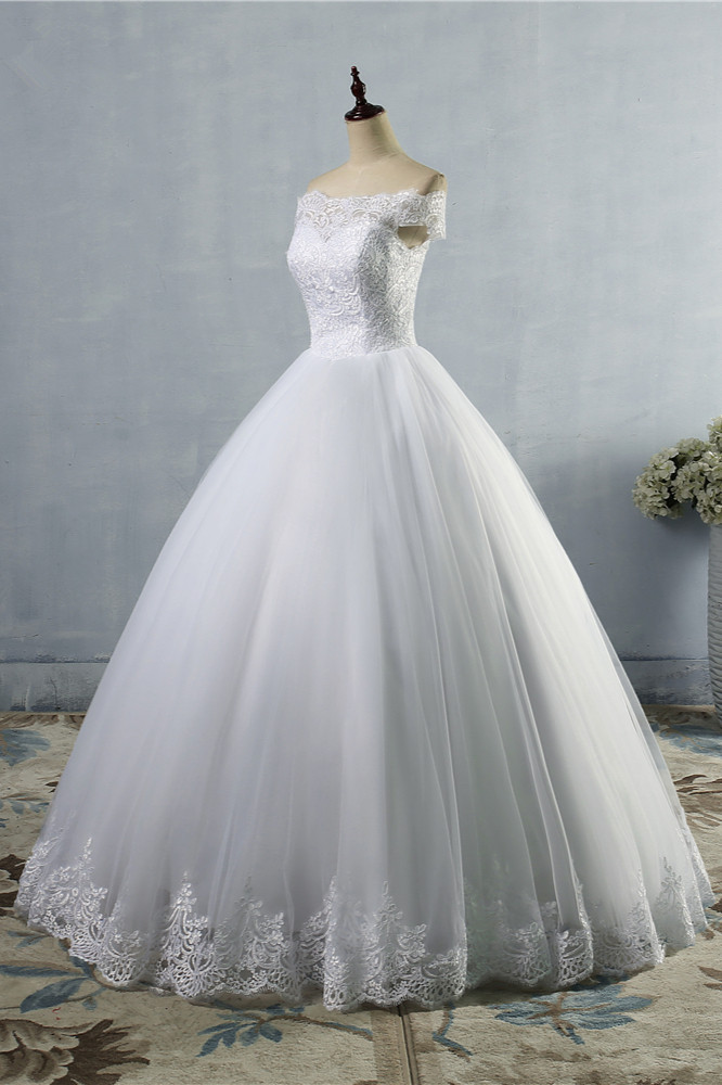 A-line Bateau Neck Floor-length Tulle Wedding Dress With Appliques 3