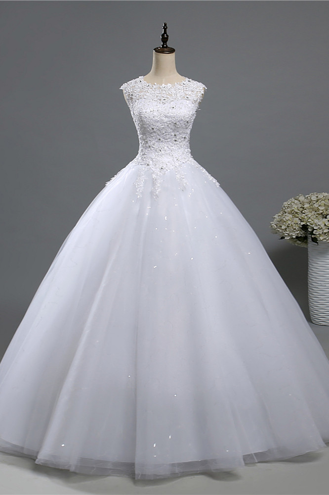 A-line Jewel Neck Sleeveless Floor-length Tulle Wedding Dress With Appliques 3