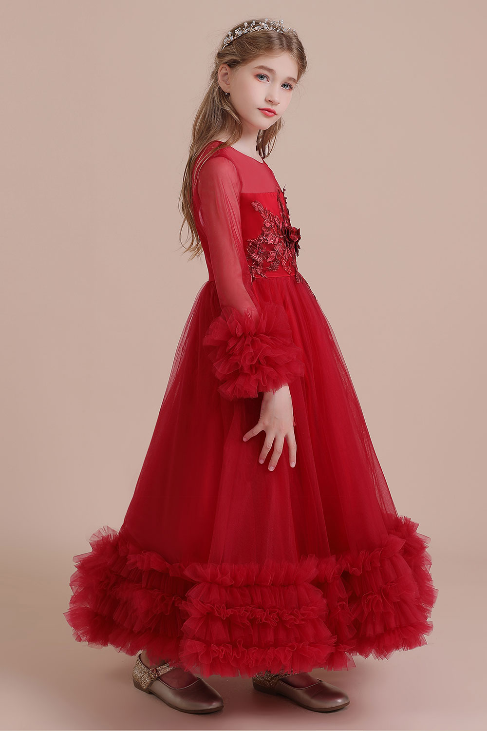 A-line Jewel Neck Long Sleeves Ankle-length Tulle Flower Girl Dress With Cascading Ruffle 8
