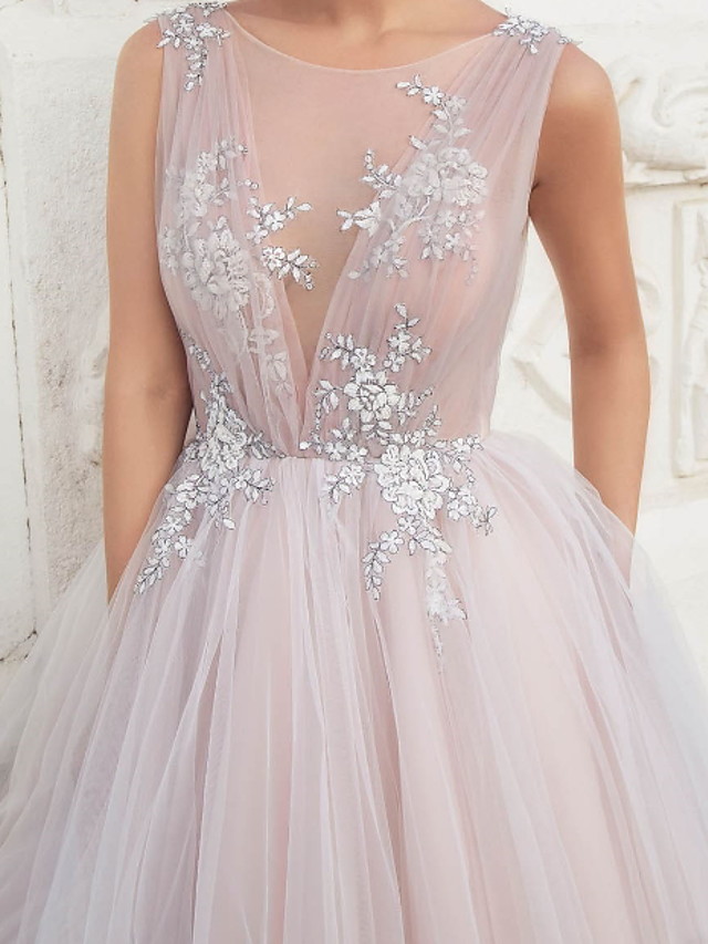 A-line Sleeveless Tulle Wedding Gown With Sweep / Brush Train 4