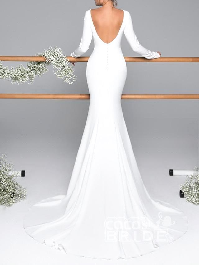 Mermaid Jewel Neck Long Sleeves Floor-length Bridal Gown With Court Train 2