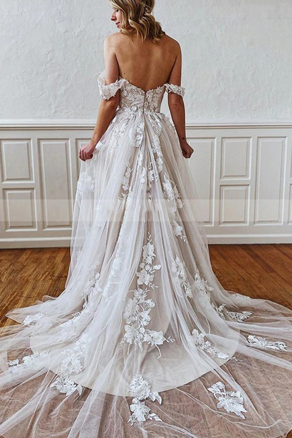 Column Sweetheart Neck Cap Sleeves Chapel Train Bridal Gown With Appliques 2
