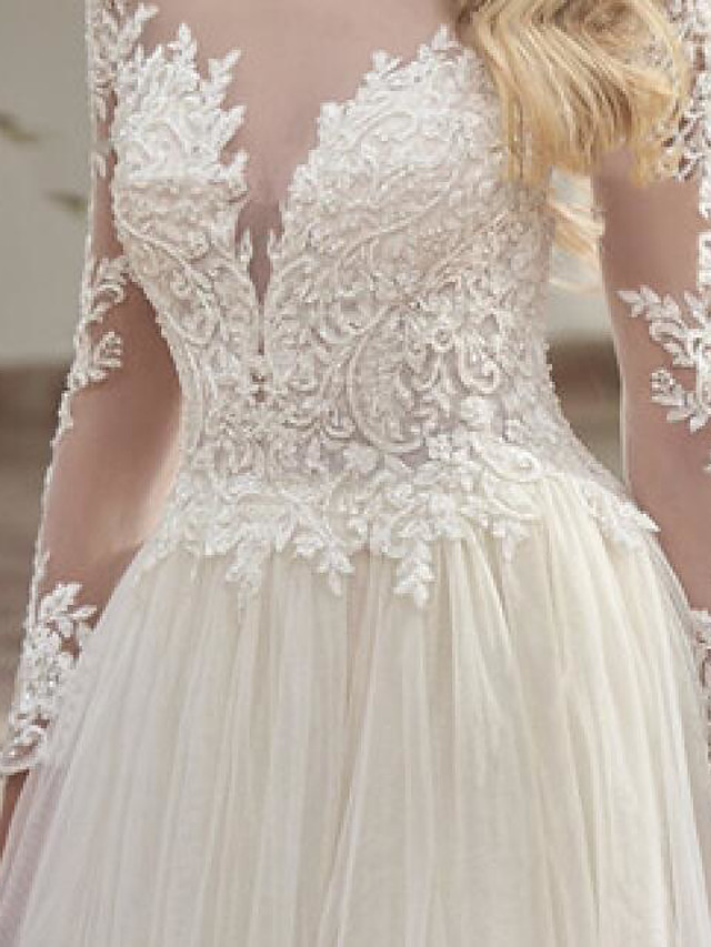 A-line Long Sleeves Sweep / Brush Train Tulle Wedding Gown With Buttons 3