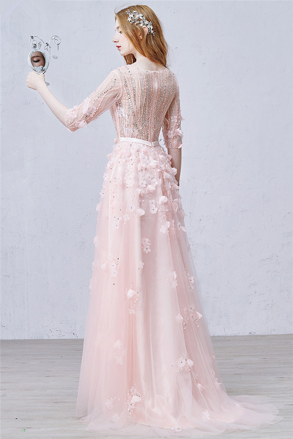 A-line V-neck Half-Sleeves Floor-length Tulle Evening Dress With Flower(s) 2