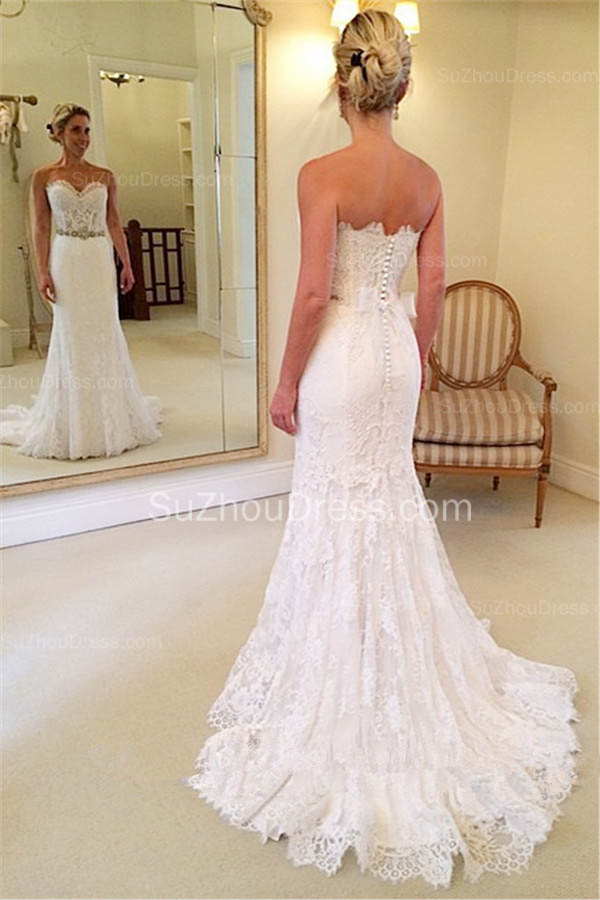 Column Sweetheart Neck Sleeveless Sweep / Brush Train Bridal Gown With Lace 2