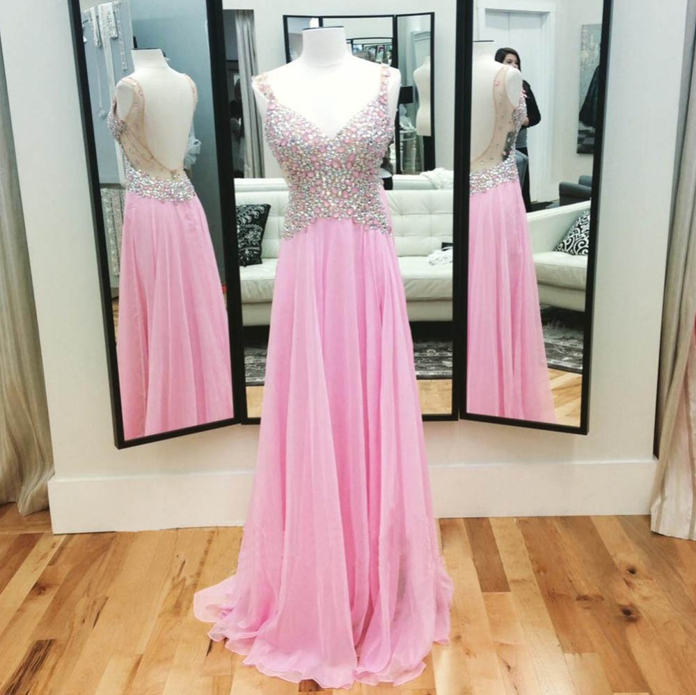 A-line Spaghetti Straps Sleeveless Floor-length 100D Chiffon Formal Dress With Crystal 2