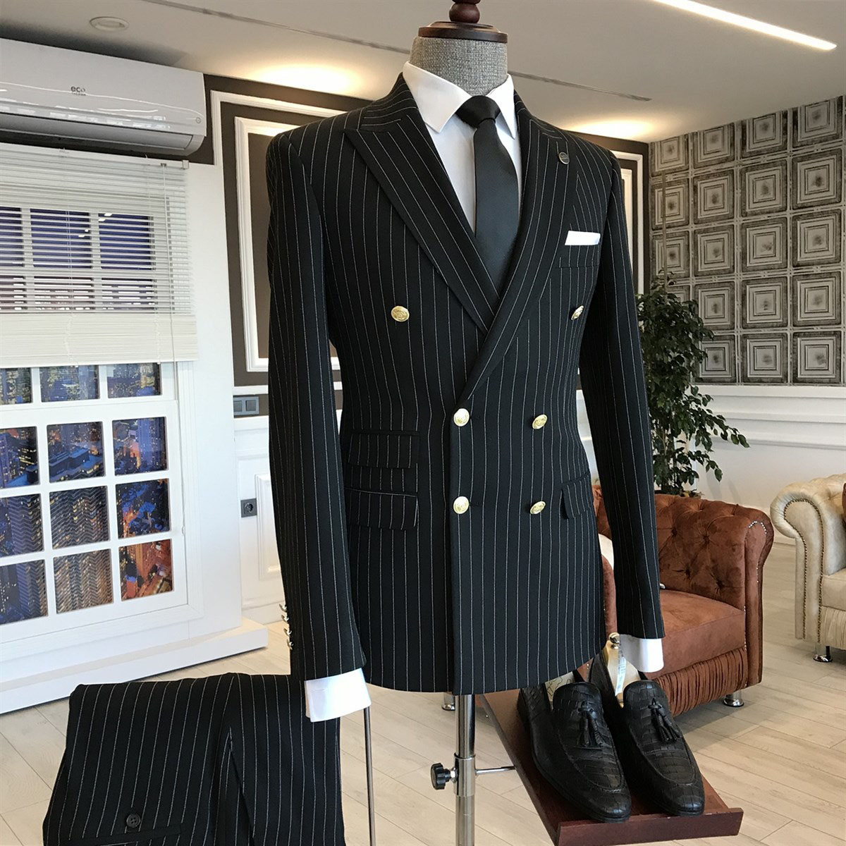 Black Striped Double Breasted Business Suit 2
